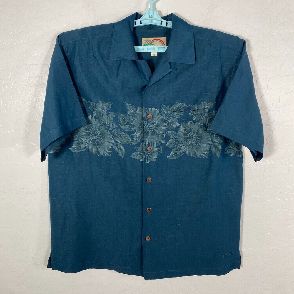 Paradise Found Shirt Mens Medium Blue Green Hawaiian Silk Blend Floral‎ Island